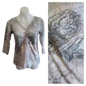 OneWorld Live Let Live Tattoo Print Top L Y2K Rose Graphic Grunge Rhinestone Tee